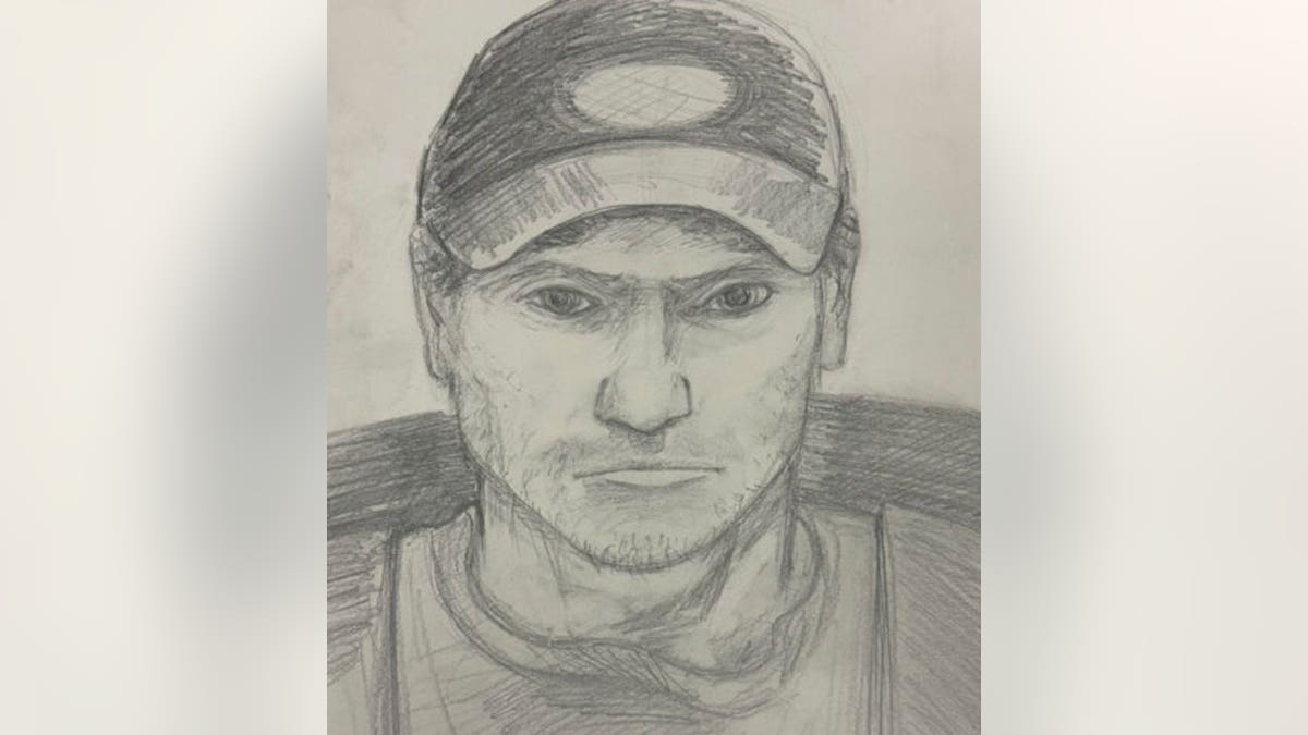 composite sketch of person of interest; a while male wearing a baseball cap