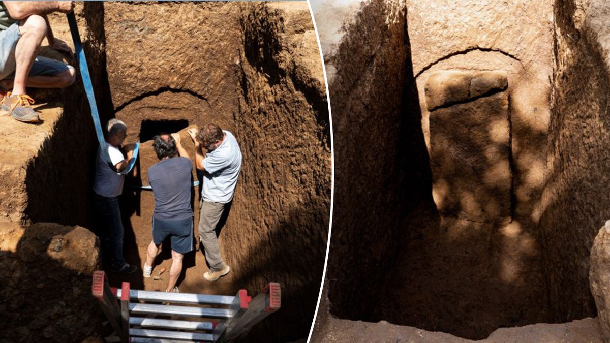 Split image of archaeologists excavating tomb, entrance of tomb