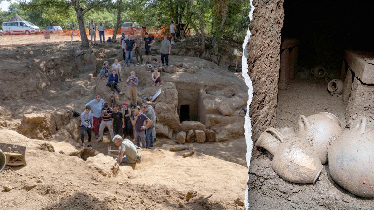 Split image of archaeologists, ancient pots