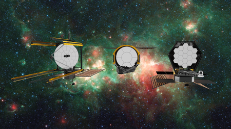 An illustration of three different space telescopes, with various solar panel arrangements, over a colorful space background with red and green dust and stars