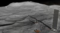 illustration of a small, faraway moon base on the hilly, crater-marked surface of the moon.