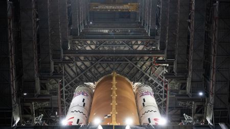 The base of NASA's Artemis 2 Space Launch System rocket is seen inside the Vehicle Assembly Building at NASA's Kennedy Space Center in Florida.