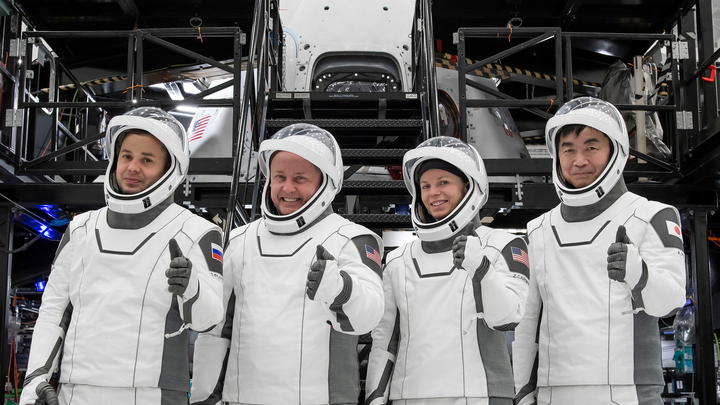 The crew of NASA’s SpaceX Crew-11 mission pose for a photo during a training session for their upcoming trip to the International Space Station at SpaceX facilities in Florida. From left: Oleg Platonov, Mike Fincke, Zena Cardman, and Kimiya Yui. Credit: SpaceX