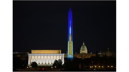Images depicting NASA’s Space Launch System (SLS) rocket are projected onto the Washington Monument as part of an event to kick off the nation's 250th birthday year, Wednesday, Dec. 31, 2025, in Washington, D.C.