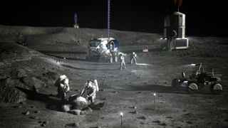 Artistic depiction of NASA astronauts at the lunar south pole carrying out early work to establish an Artemis Base Camp. 