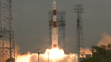 An Indian PSLV rocket launches the EOS-N1 military satellite and 15 other payloads on Jan. 11, 2025. It was the first PSLV flight since a failure in May 2025.