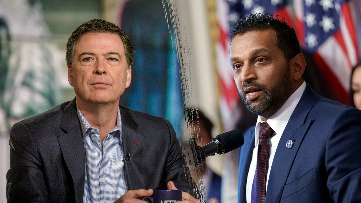 Split image of James Comey holding a mug and Kash Patel speaking