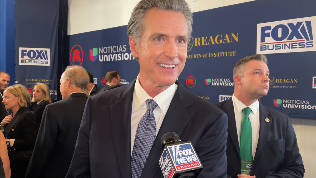 California Gov. Gavin Newsom speaks with Fox News Digital in the spin room following a Fox Business GOP presidential primary debate, at the Ronald Reagan Presidential Library in Simi Valley, California in 2023.
