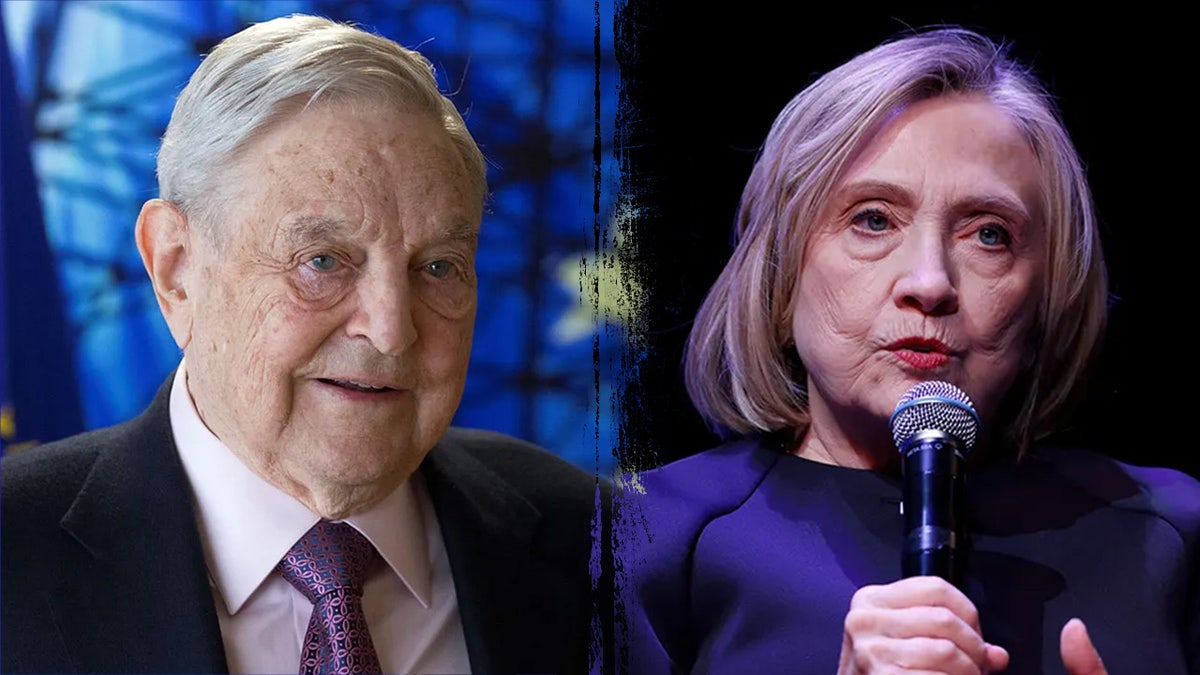 Split image of George Soros looks on and Hillary Clinton holds a microphone while speaking 