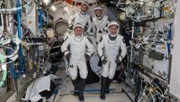 The astronauts of SpaceX's Crew-11 mission pose in the SpaceX spacesuits aboard the International Space Station ahead of their planned Jan. 14, 2026 undocking.